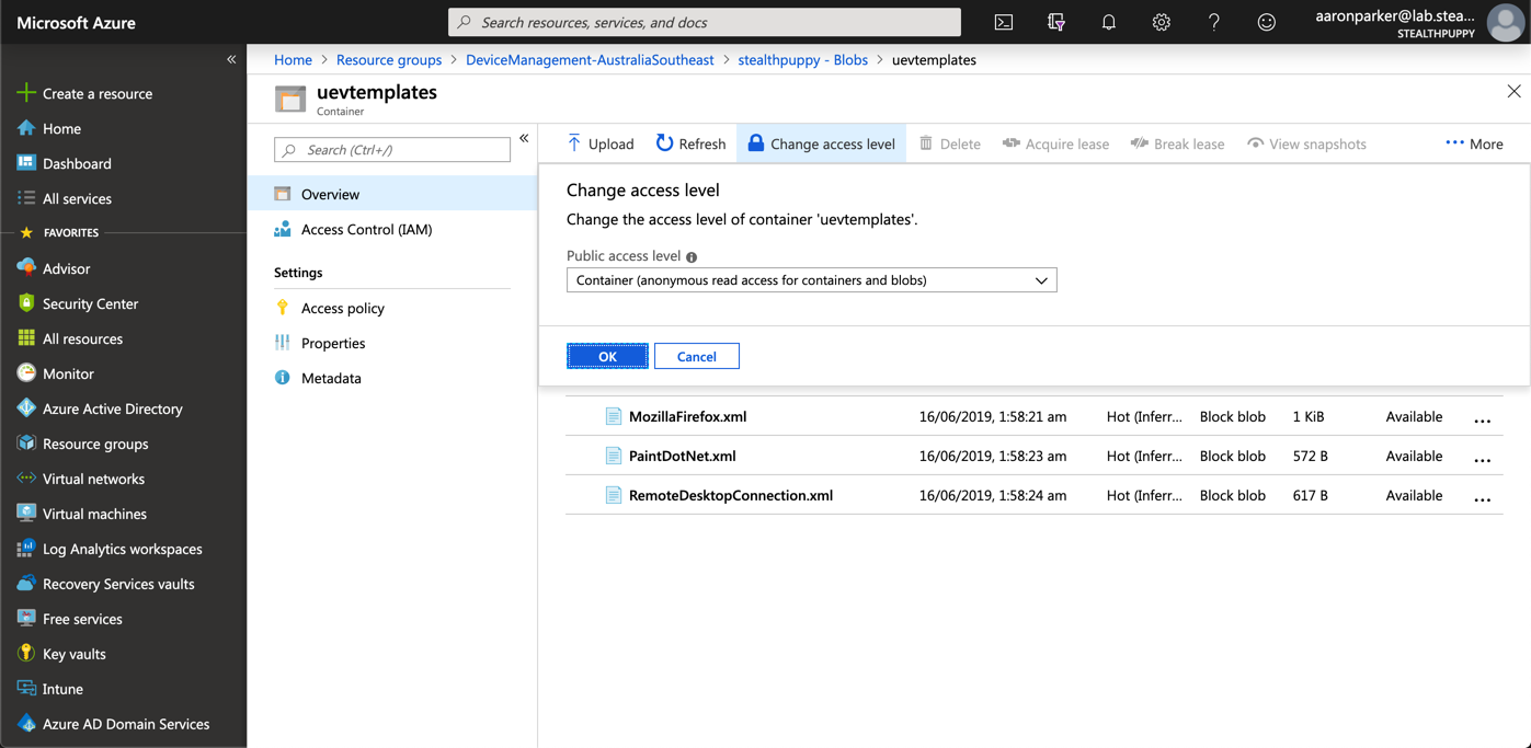 Azure blob storage container access level configuration