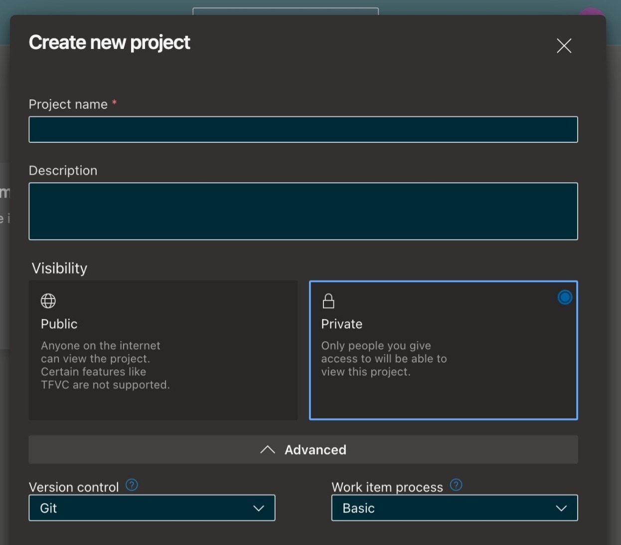 Creating a new Azure DevOps project