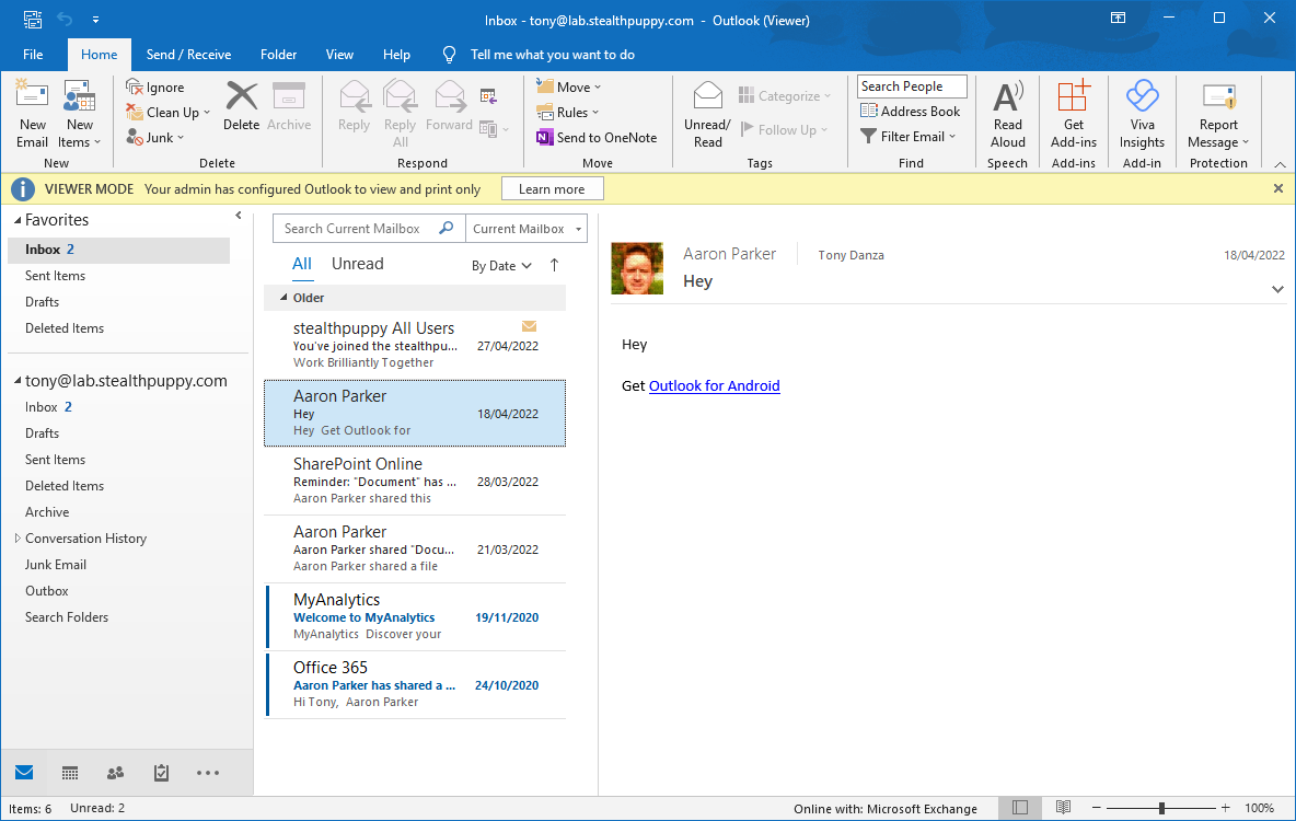 Microsoft Outlook in viewer mode