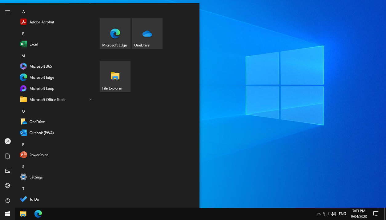 Start menu showing the installed web apps
