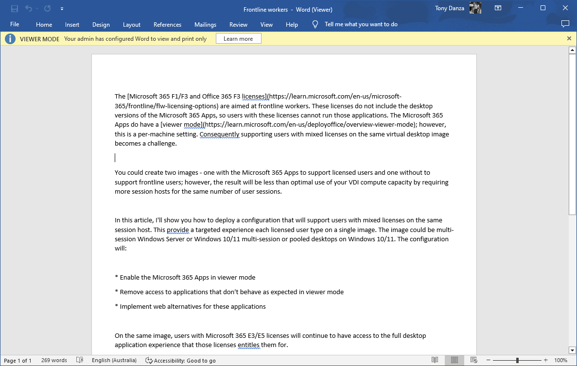 Microsoft Word in viewer mode