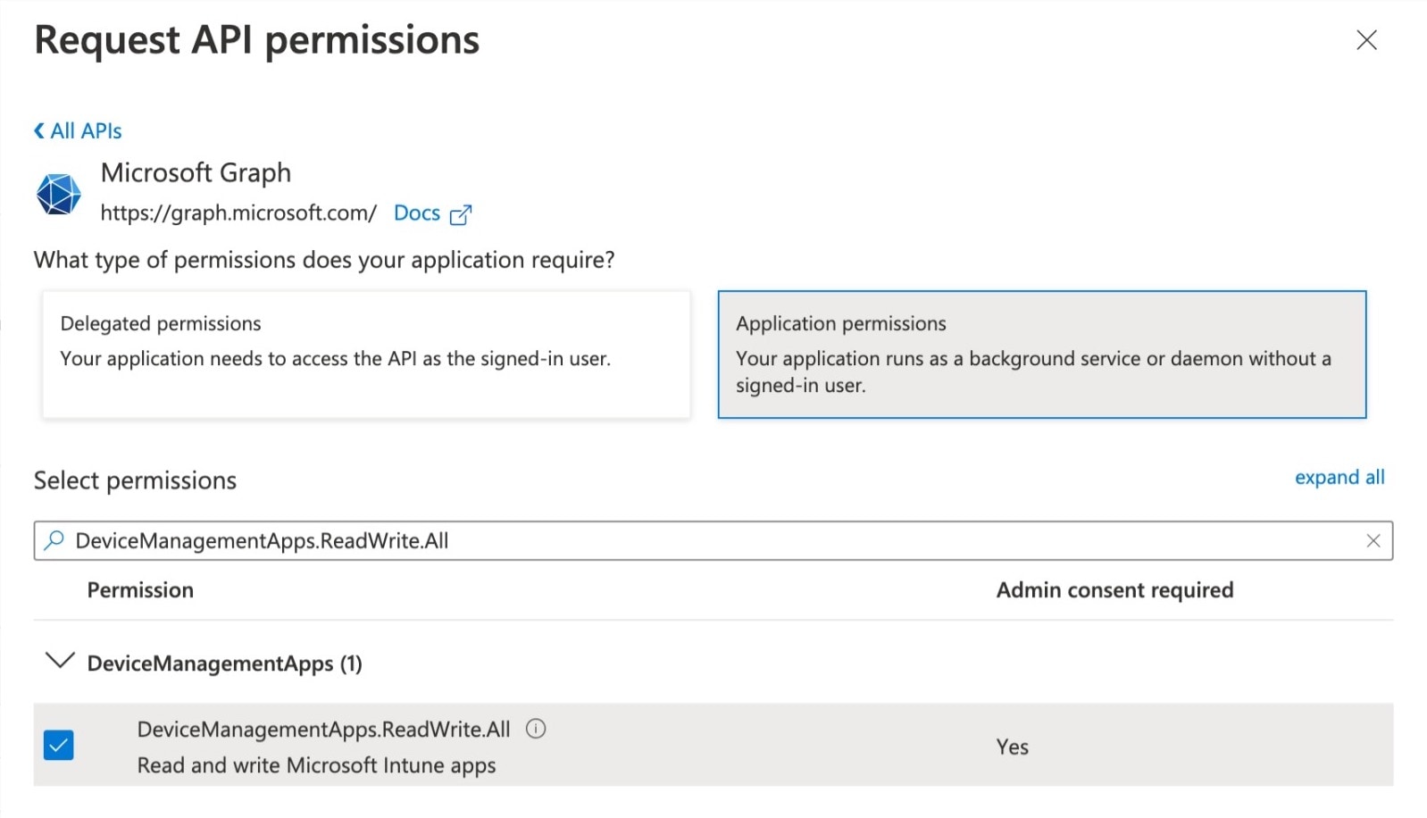 Assigning the DeviceManagementApps.ReadWrite.All API to the app registration