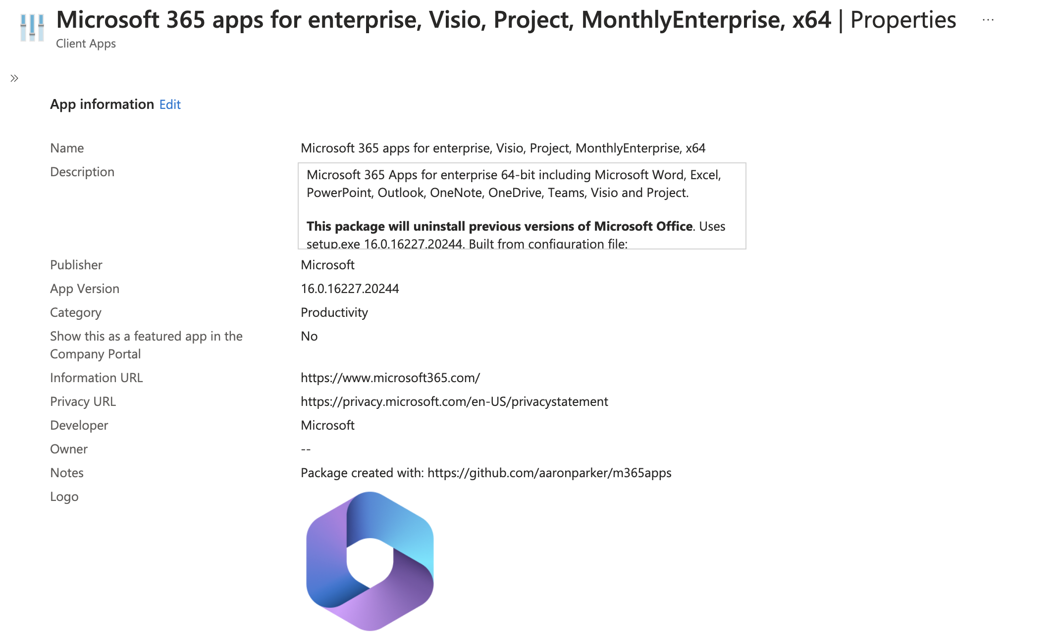 The Microsoft 365 Apps package imported into Intune