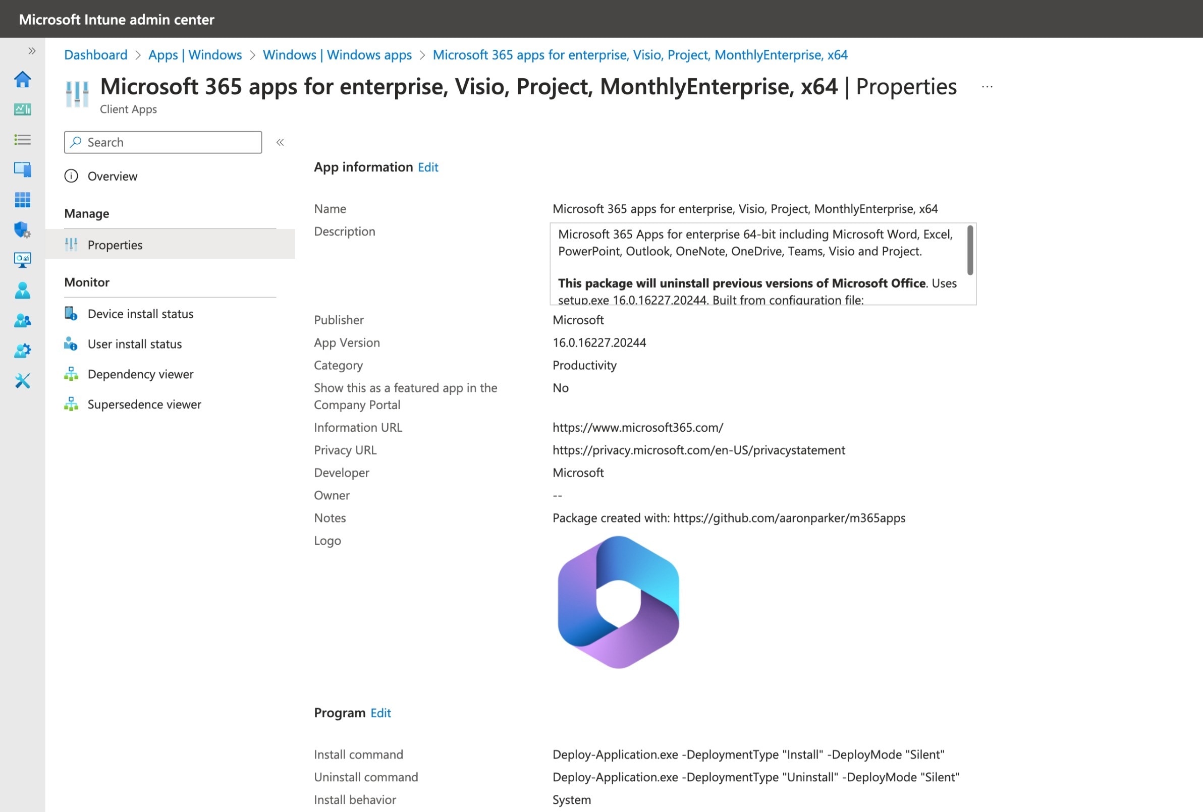 A Microsoft 365 Apps package imported into Microsoft Intune