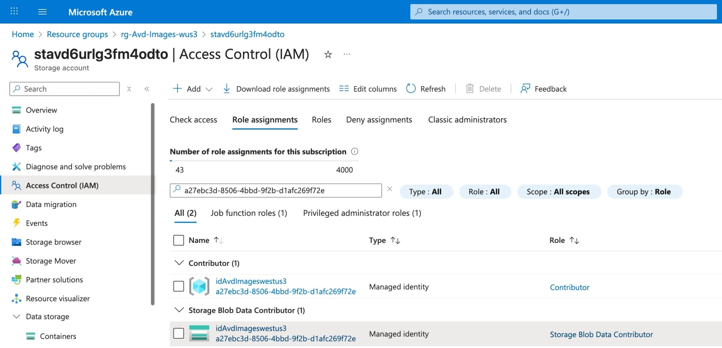 Assigning the 'Storage Blob Data Contributor' role on the storage account to the managed identity