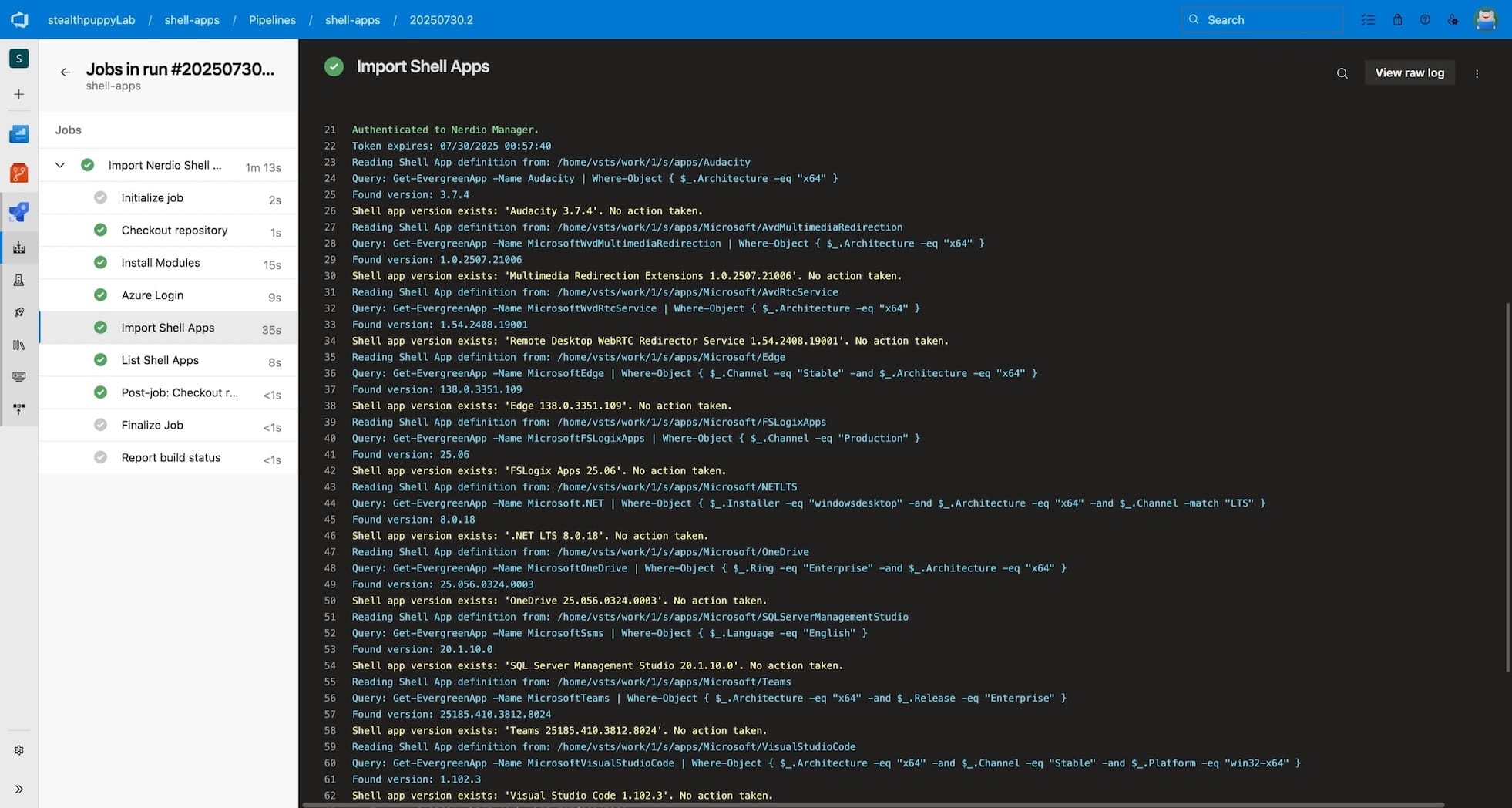 An Azure Pipeline run that imports Nerdio Manager Shell Apps