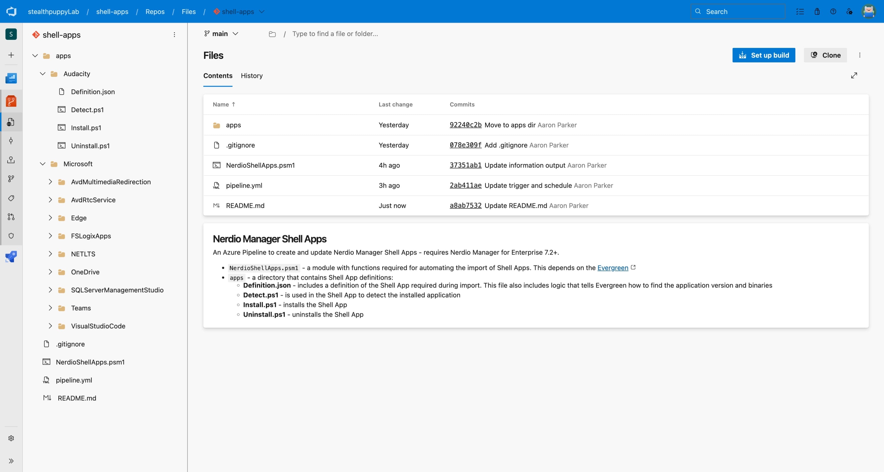 An Azure DevOps project repository showing the list of files in the repo