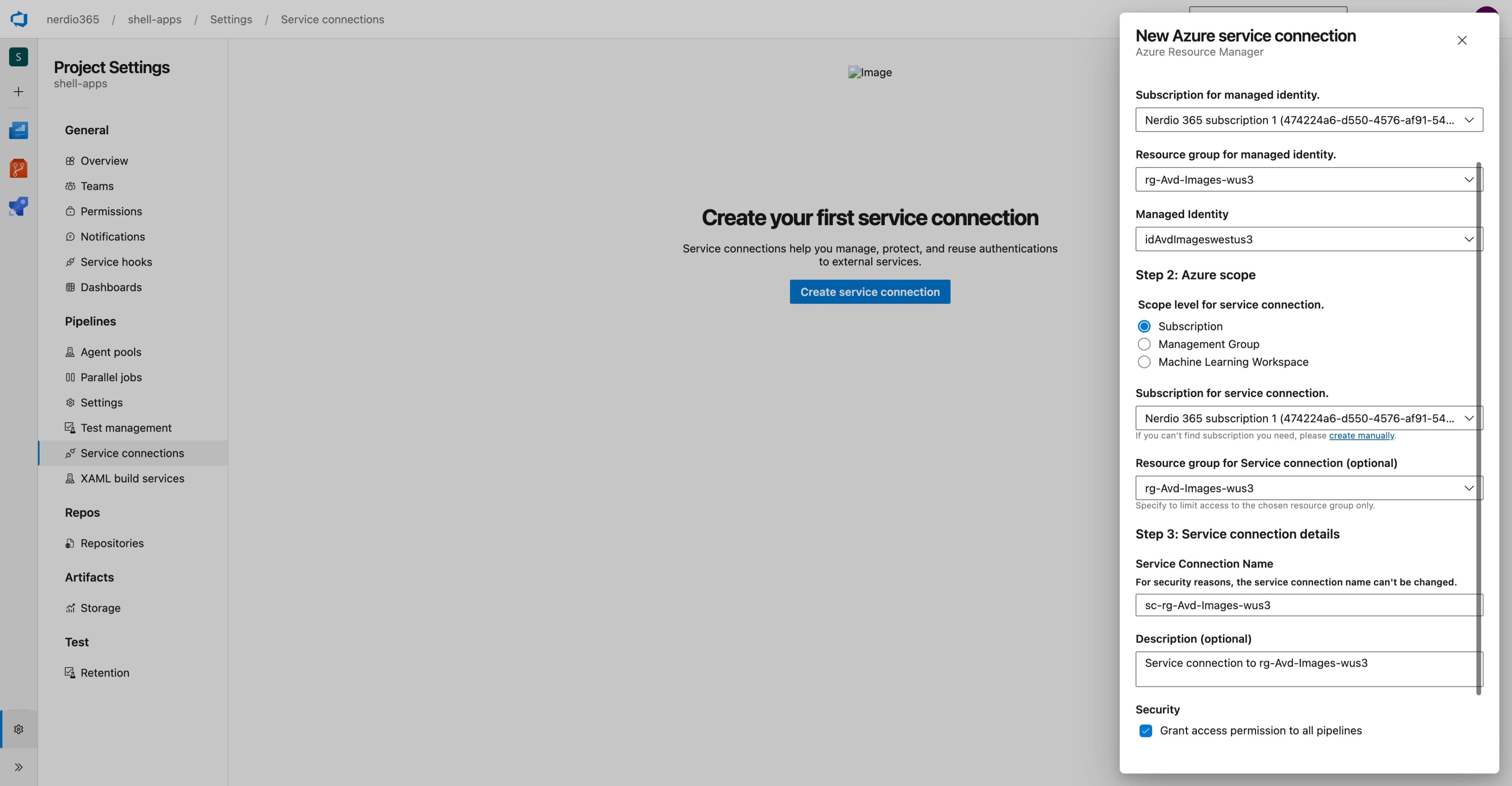 Creating an Azure Pipelines service connection using a managed identity