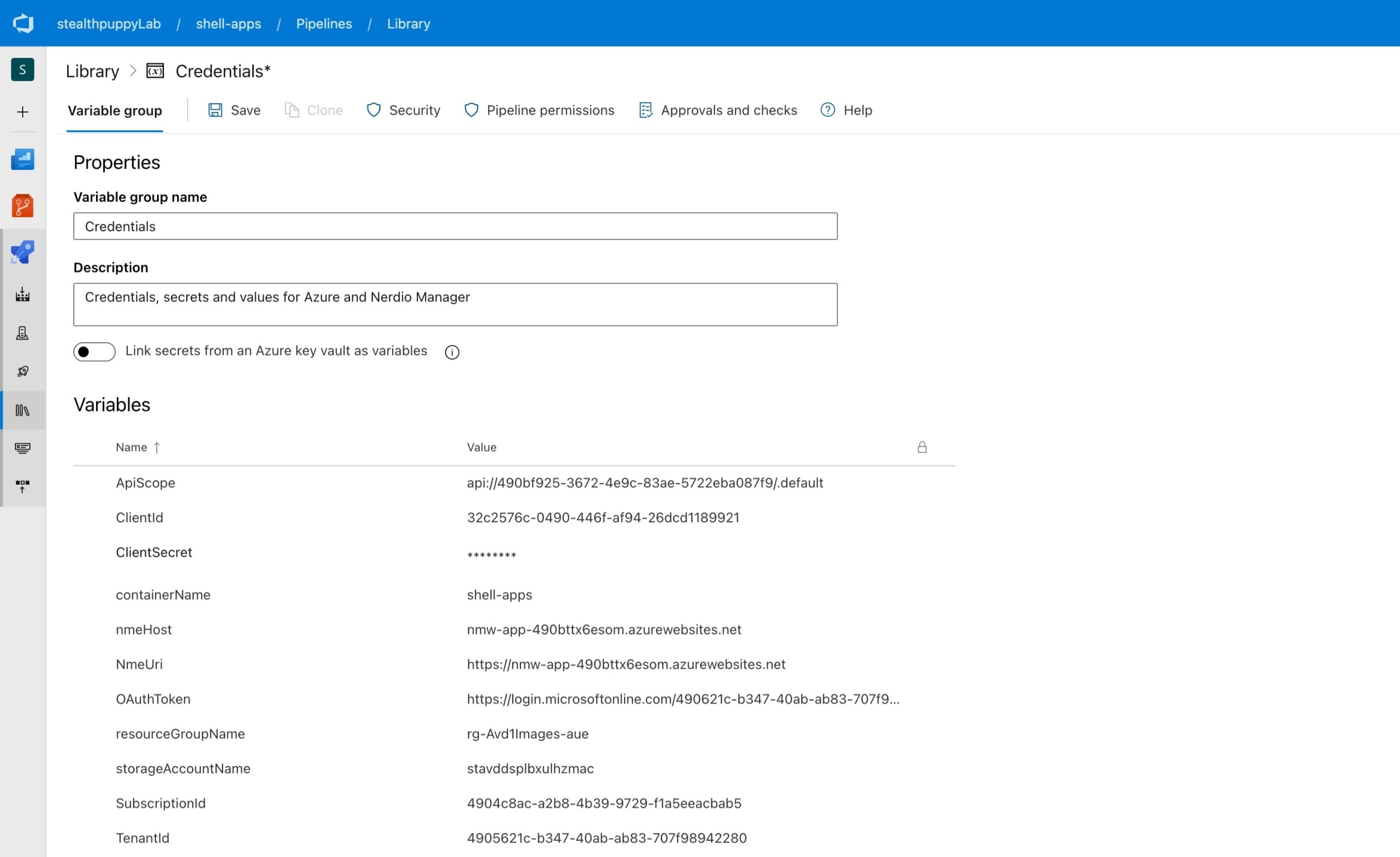 Credential variables stored in a DevOps asset library