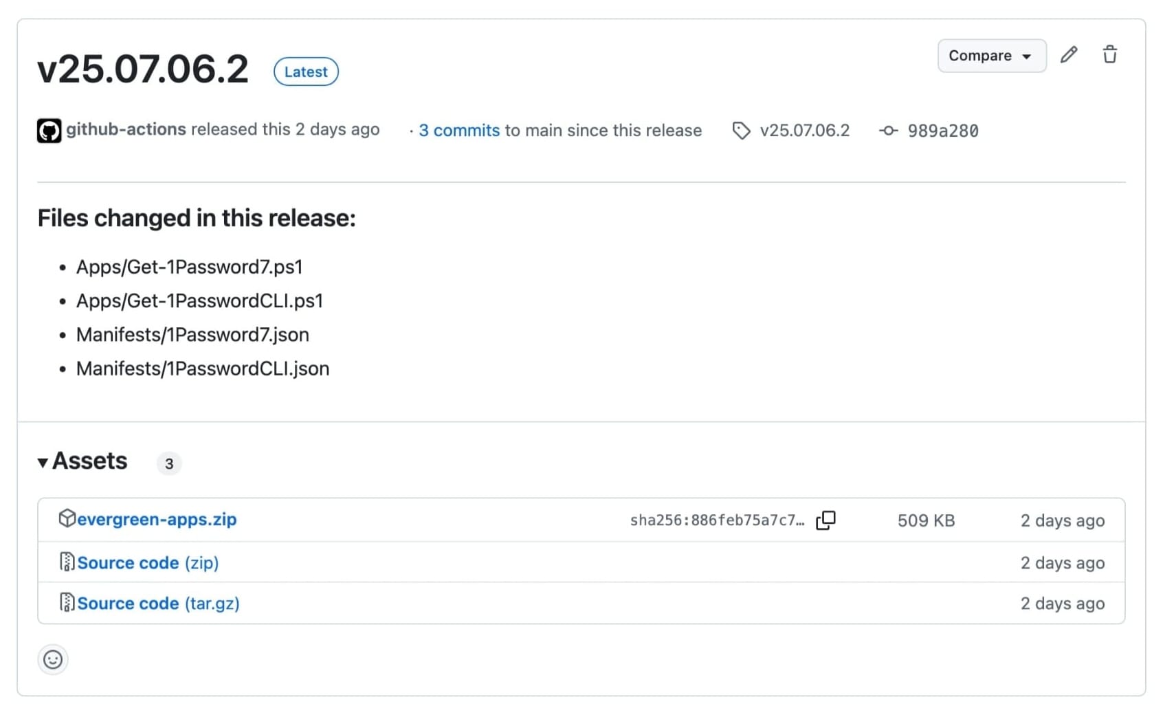 Screenshot of a release on the evergreen-apps repository