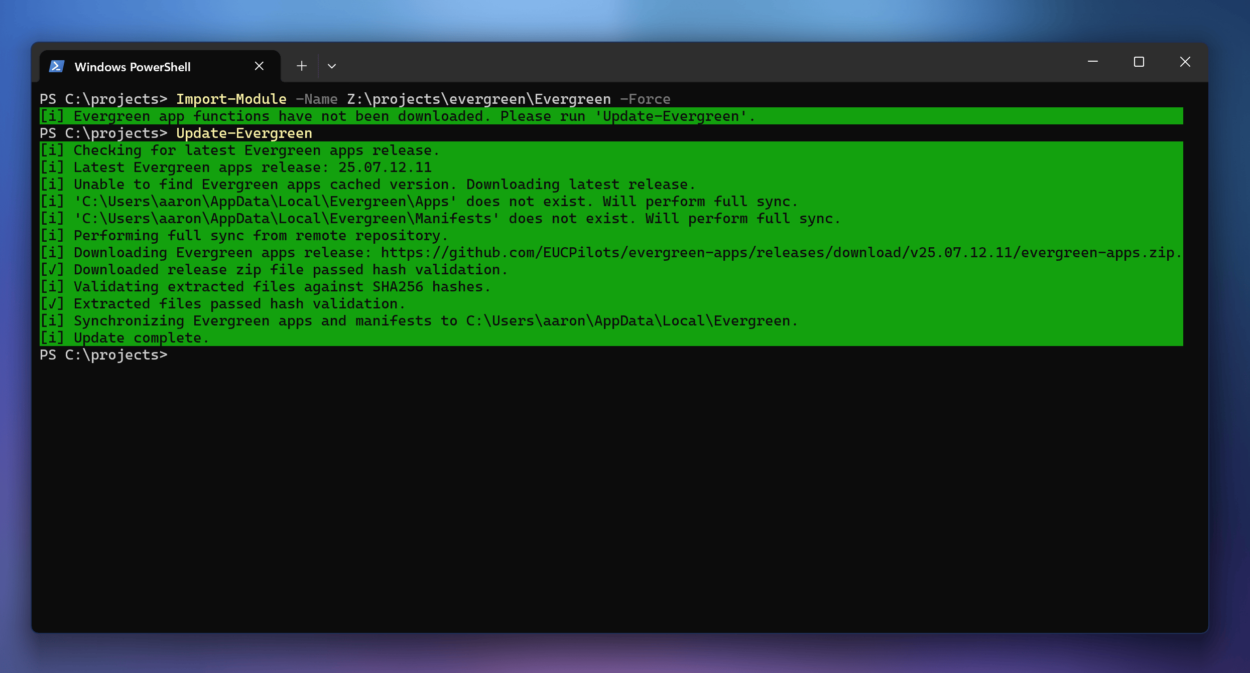 Importing Evergreen and being prompted to run Update-Evergreen